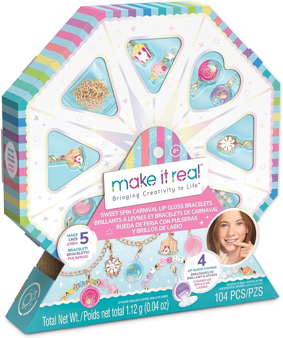 Make It Real Lip Gloss Charm Bracelet Maker - Bracelet Making Kit with Lip Gloss Charms, Beads, Chain & Cord - Jewellery Craft Sets for Girls - Create Bracelets with Cute Charms, Birthday Gift