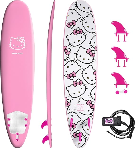 Wave Storm Hello Kitty 8' Softboard Surfboard | Graphic Deck & High Density Bottom | Kids to Adults | Accessories Included Leash Included