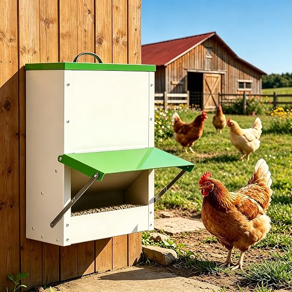 Automatic Chicken Feeder 11 Kg Poultry Feeding Trough, Metal Duck Feeder, Hanging Chick Feed Dispenser, Weather Proof, With Lid, Chicken Coop Accessories, Green