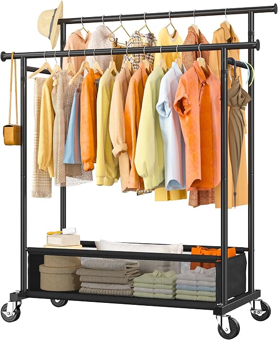 110cm Heavy Duty Clothes Rail with Lockable Wheels & Storage Basket, Double Hanging Clothes Rack for Small Spaces, Bedroom, Laundry, Students, Renters, 45D x 110W x 160H cm, Black