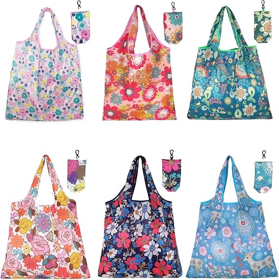 6 Pack Foldable Reusable Shopping Bags,Tote Bags, Grocery Bags with Hook, Eco-friendly Travel Recycle Shopping Bags in Pocket, Waterproof and Machine Washable for Daily Shopping Supplies load