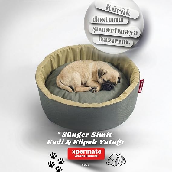 Xpermate Kedi ve Köpek Yatağı Küçük Irk Köpek Yuvası Sünger Simit (Antrasit Bej, 55 cm)