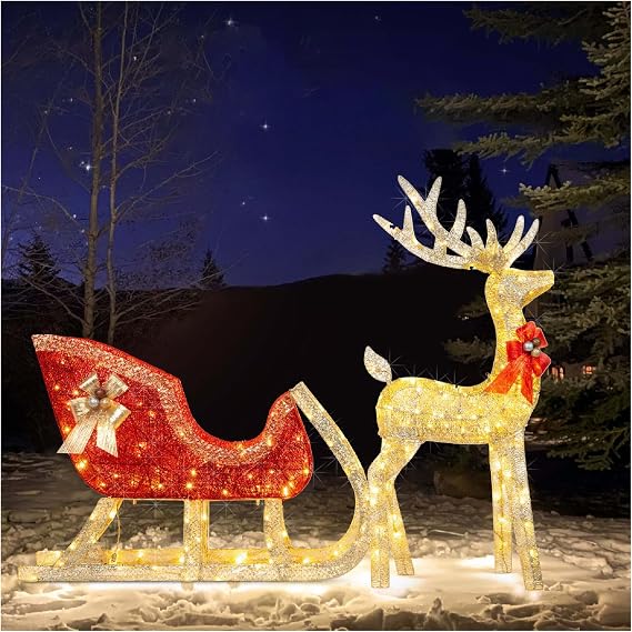 Atkits Christmas Lawn Decorations Reindeer & Sleigh with 200 Warm White LED Lights, Perfect for Holiday Celebrations [Energy Class A]