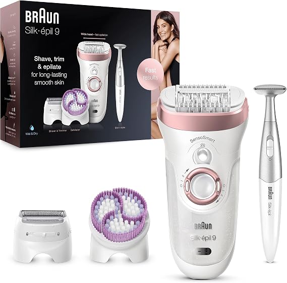 Braun Silk-épil 9 Epilator for Long-Lasting Hair Removal with Electric Shaver & Trimmer, Bikini Trimmer & Exfoliator, 100% Waterproof, UK 2 Pin Plug, 9-980, Rose Gold