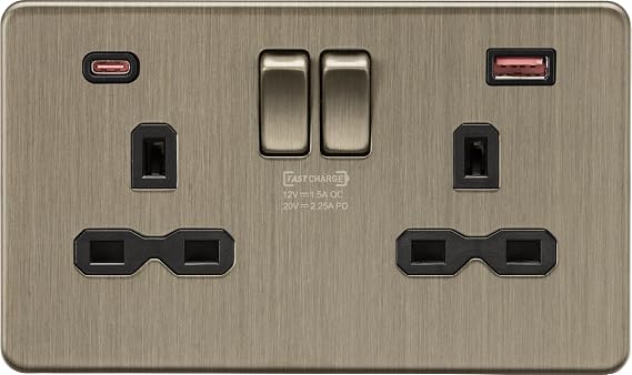 Knightsbridge 13A 2G DP Switched Socket with Dual USB A+C 20V DC 2.25A (Max. 45W) - Antique Brass