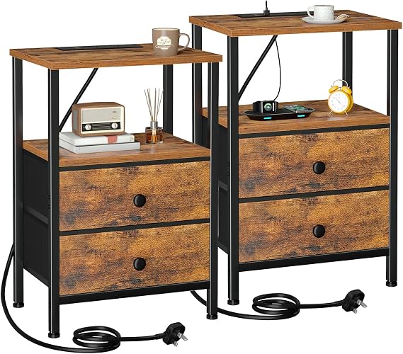 AMHANCIBLE Bedside Tables Set of 2, Side Table with Charging Station