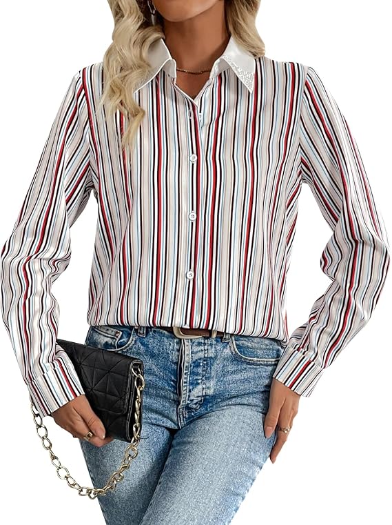MINTLIMIT Women's Striped Button Down Shirts Long Sleeve Blouse Tops with Pocket