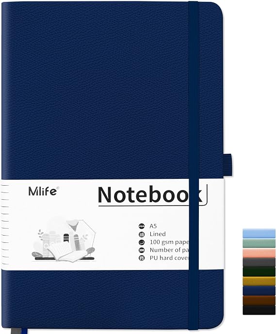 Mlife Notebook Lined A5 Journal Book with 200 Pages Premium 100 gsm Ink-Proof Paper Thickness PU Hard Cover Notebook Inner Pocket Elastic Band Bullet Journal and Notepad Hardcover (Blue)