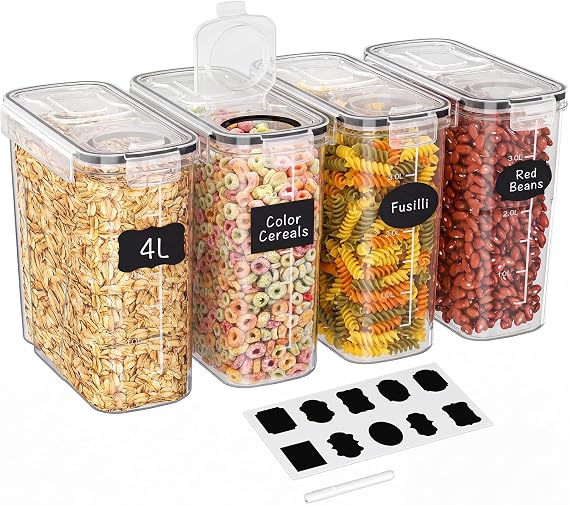 Storivo 4x4L Cereal Storage Containers with Airtight Lids BPA-Free Set | Food Storage Containers With Lids, BPA-Free Plastic, Airtight Seal, For Dry Food, Kitchen Storage & Organisation