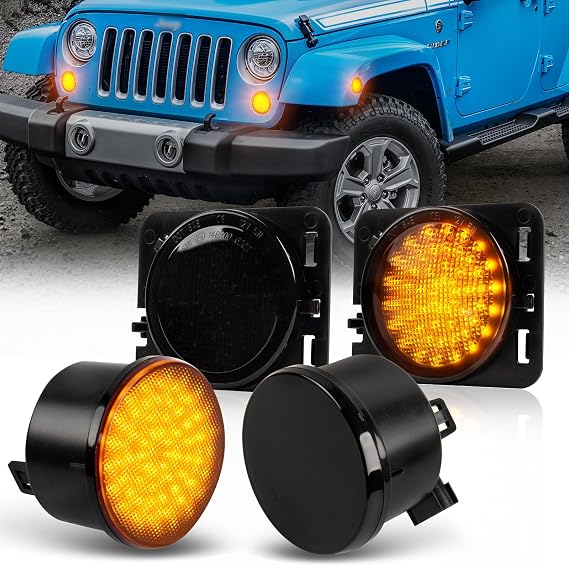 4Pcs LED Front Side Indicator for Jeep Wrangler JK 2007 2008 2009 2010 2011 2012 2013 2014 2015, Amber LED Turn Signal Light Repeater, Canbus Design Error Free Side Marker, Smoked Lens