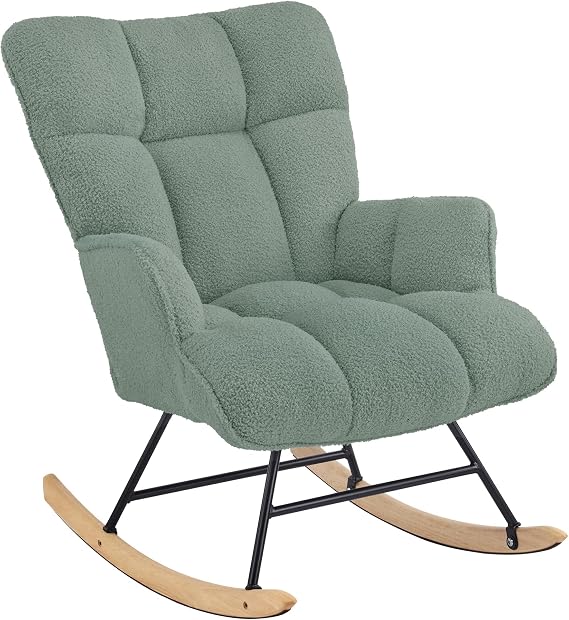Rocking Chair for Nursery, Teddy Upholstered Glider Nursing Chair for Adults, Comfy Rocking Armchair Indoor for Living Room Bedroom, Green