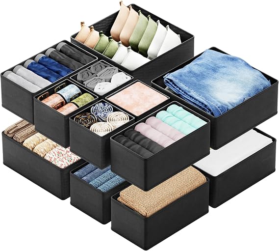 SpaceAid Drawer Organiser for Clothes, 12 Pack Dresser Drawer Organiser Bins, Closet Organisers and Storage Dividers for Clothing, Underwears, Socks (Black)