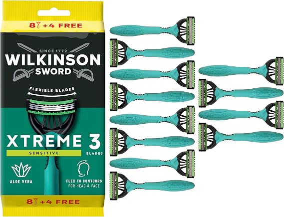 Wilkinson Sword Xtreme 3 Sensitive, 8 + 4 adet tek kullanımlık tıraş makinesi, E vitamini ve aloe vera yağlama bandı, yüz bakımı ve yumuşaklığı için en uygun