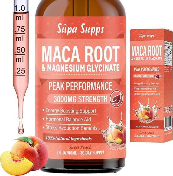 Maca Root & Magnesium Glycinate Liquid Drops 60ml Energy & Focus Peach