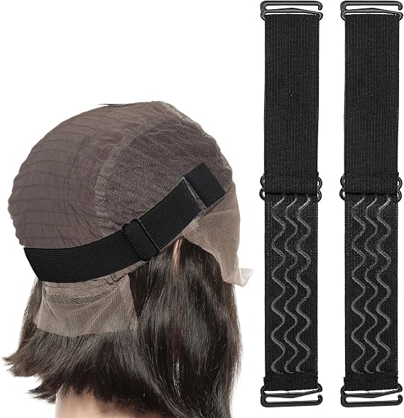 2Pcs Adjustable Elastic Wig Band for Glueless Wig with Non-Slip Silicone Strip Removable Buckles Band for Keeping Wigs in Place Elastic Stretchable Round Top Strap to Secure Cap Accessories(Black)