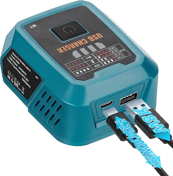 DTEZTECH 100W USBバッテリー充電器 マキタ18Vバッテリー対応 電源アダプター 急速充電ステーション USB-Aポート&Type-Cポート付き 電子デバイス 仕事 RV キャンプ 旅行用 ツールのみ