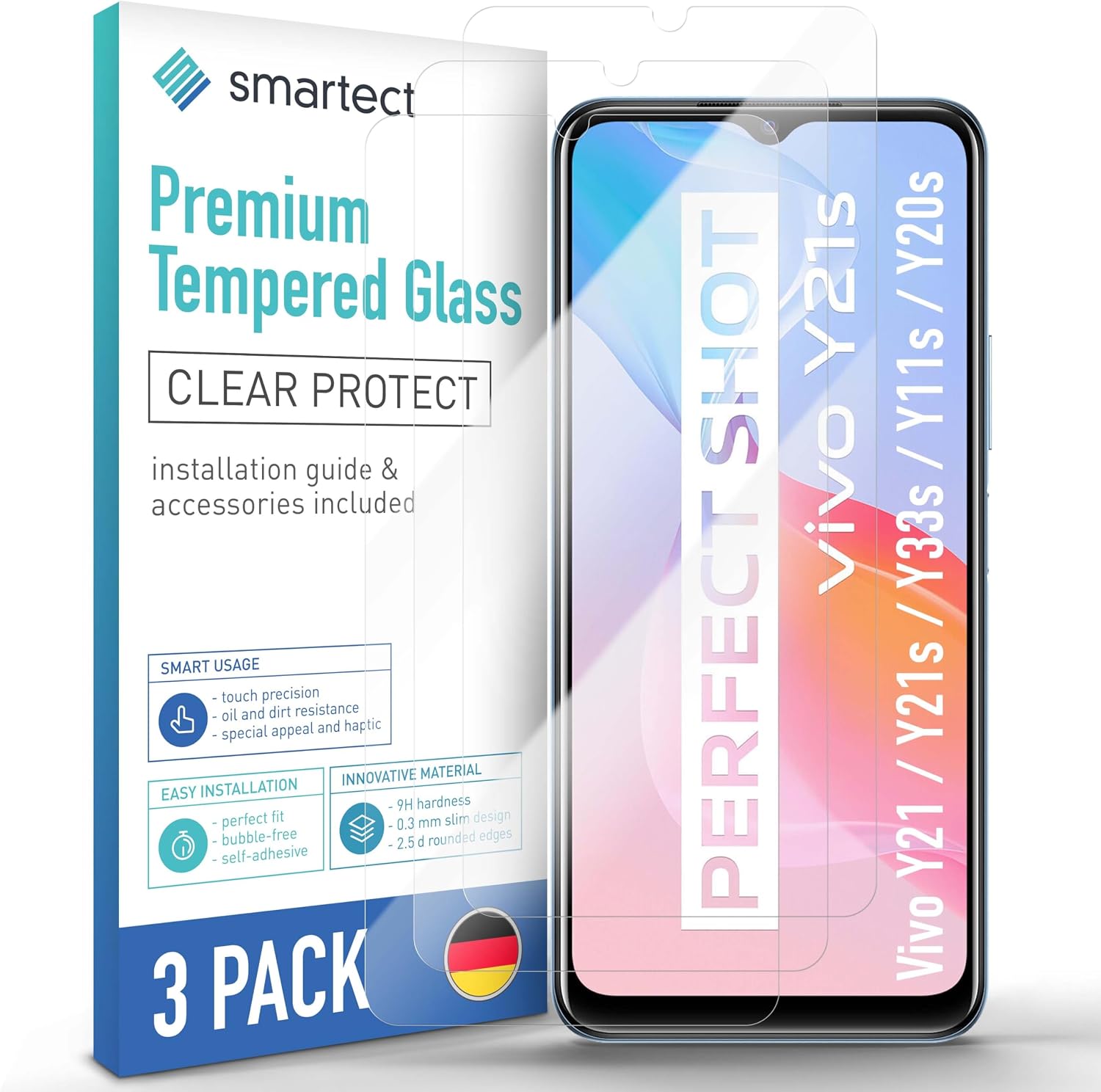 smartect Glass Screen Protector [3 Pieces, Ultra-Clear] for Vivo Y21  Y21s  Y33s  Y11s  Y20s, HD Protective Film Anti Scratch, Bubble Free, 9H Hardness, Ultra Resistant