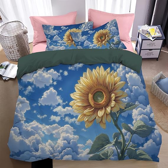 sunflower Bedding Set Single Size Kids Gifts for Blue sky and white clouds Lovers Comforter Cover Set for Boys Teens Lovers Duvet Cover yellow Pattern Bedspread Cover Room Decor Boys