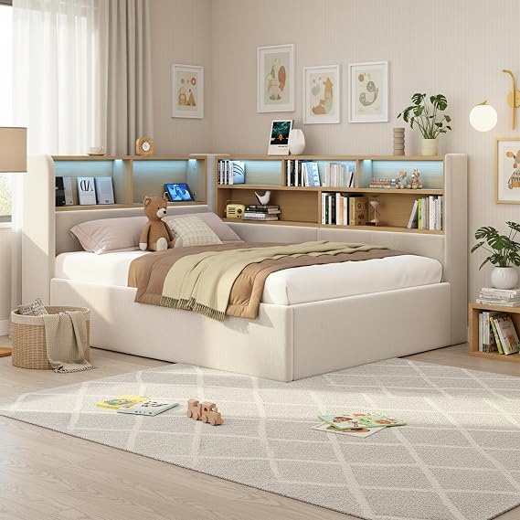 Merax 3FT Single Daybed with Storage, Upholstered Sofa Bed 90x190cm, Hydraulic Storage Bed Frame with LED Lights & USB Charging Port, Velvet Single Bed, Beige - No Matress