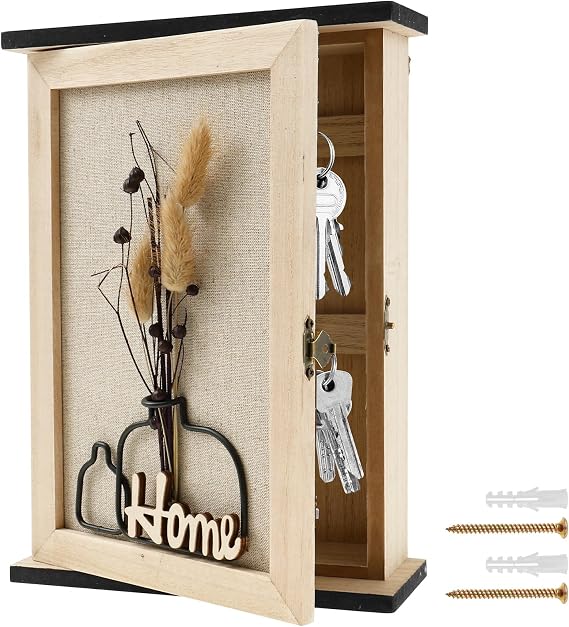 Wall Mounted Key Cabinet Wooden Key Storage Box with 6 Hooks Decorative Vintage keys Cupboard Minimalist Safe Family Keys Box for Home Office Entryway(Wrought iron dried flower)