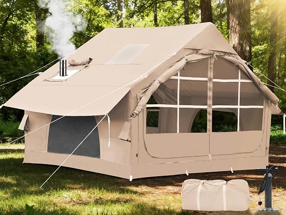 Inflatable Tents for Camping with Stove Jack, 4 Person Easy Setup Blow Up Tents for 4 Seasons Waterproof Inflatable Air Tent,Glamping Tent House