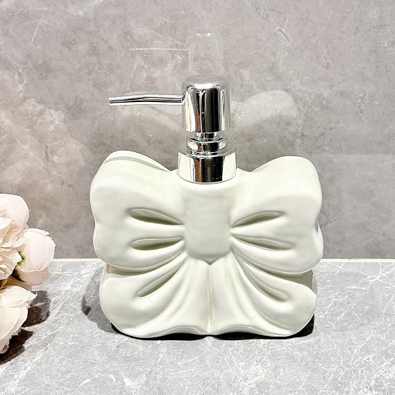 Bow Ceramic Liquid Soap Dispenser with Pump,Pump Bottle Dispenser, Refillable Hand Wash Liquid Lotion Jar Dispenser for Bathroom, Countertop, Kitchen (White)