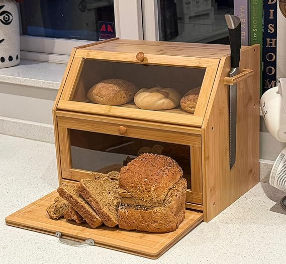 Large Bamboo Bread Bin Loaf 2 Compartment Storage Rack Box With Easy Slide-Out Chopping Board