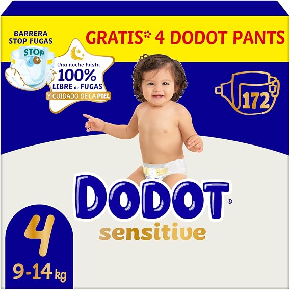 Dodot Sensitive Baby Diapers Size 4, 172 Nappies, 9 kg - 14 kg, Optimal