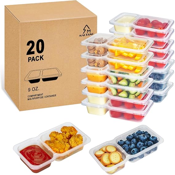 MACTANO 20 Sets Reusable Snack Containers with Lids, New Double Compartment Condiment Snack Pack Containers