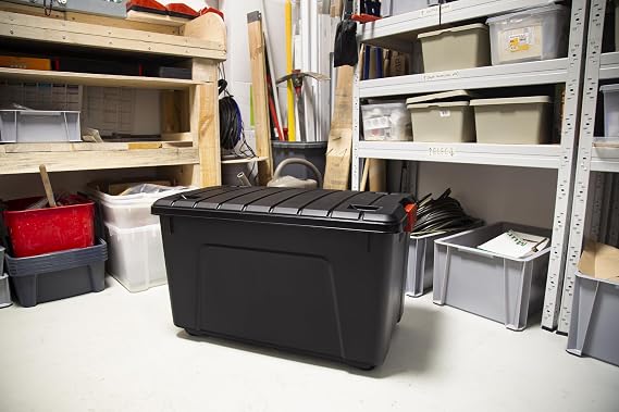 Solent Plastics 110 Litre Large Storage Box on Wheels with Lid, Extra Large Plastic Storage Boxes with Lid, Plastic Storage Trunk with Wheels