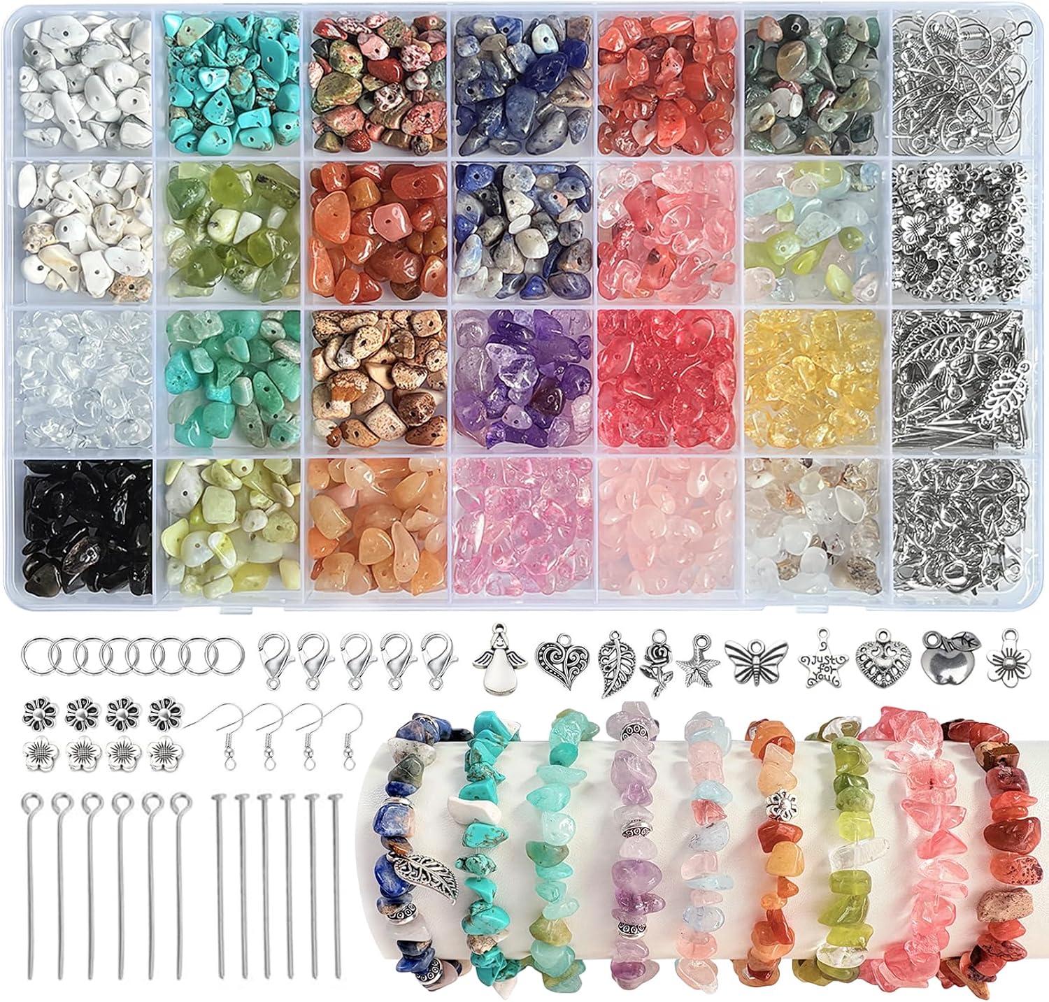 MATVHRUI 1000 Pcs Crystal Beads for Jewellery Making, 24 Colors Gemstones Chips Bracelet Making kit, 5-8mm Irregular Stone for Earring Keyring Necklace DIY Crafting