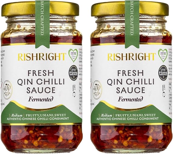RishRight Fresh Qin Chilli Sauce 160g x 2 | Great Taste Award | Fermented Hot Sauce | Savoury, Tangy, Fruity | Perfect For Cheese, Egg, Seafood, Stir Fry, Dumplings & Chinese Noodles | Clean & Tasty