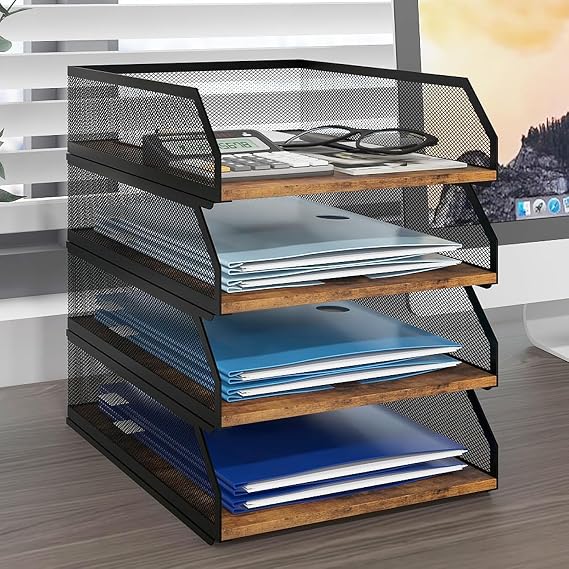 PUNCIA 4-Tier Stackable Paper Tray, Metal Mesh Desktop Organiser