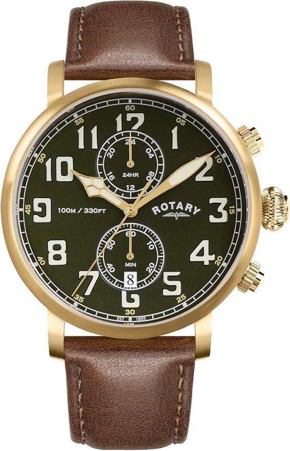 Rotary Men's Heritage Pilot 100M Water Resistance Gold Stainless Steel Brown Leather Strap Watch