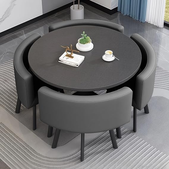 Round Dining Table and Chairs Set of 4, 5 Pieces MDF Kitchen Table with 4 Faux Leather Chairs, Space Saver Dining Room Set for Living Room Restaurant Office, Grey tabletop ＆ Grey Chairs
