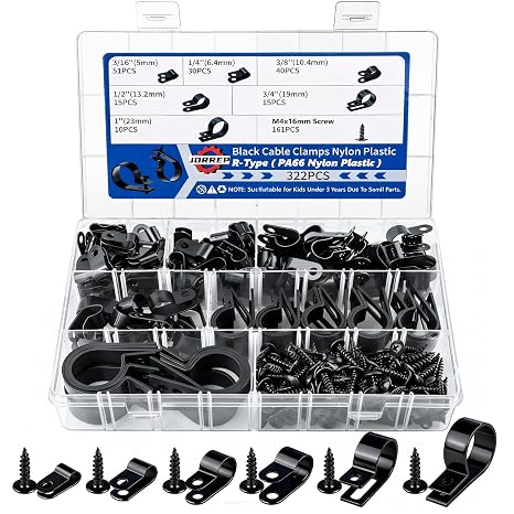 322PCS Cable Clips R-Type, 3/16" 1/4" 3/8" 1/2" 3/4" 1", PA66 Nylon