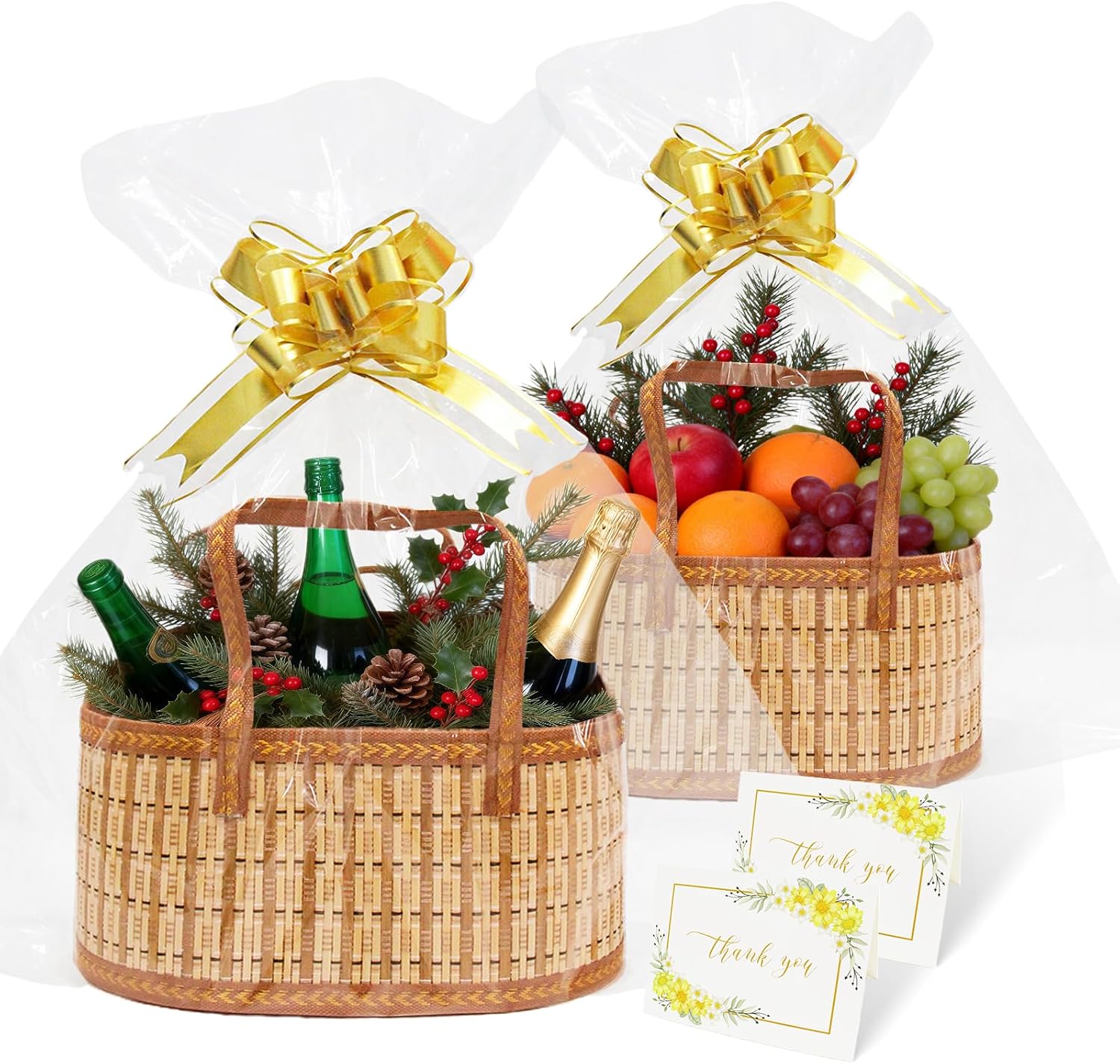 2 Set 35×20×15cm Baskets for Gifts Empty, Large Woven Bamboo Gift Basket with Handles - Foldable Gift Baskets for Baby Shower, Christmas, Housewarming & Mother's Day