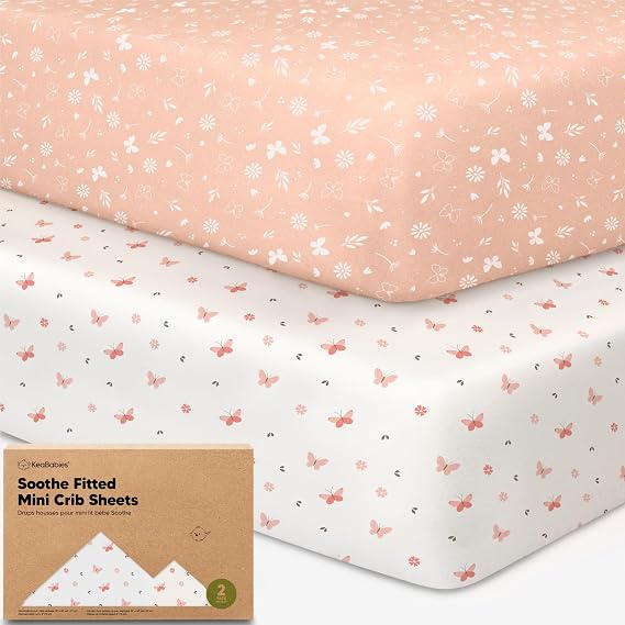 2-Pack Mini Crib Sheets Fitted - 38x26 Pack N Play Sheets for Pack and Play Mattress, Organic Cotton, Soft & Breathable Playard Bedding, Neutral Mini Toddler Bed Cover for Boys, Girls (Butterflies)