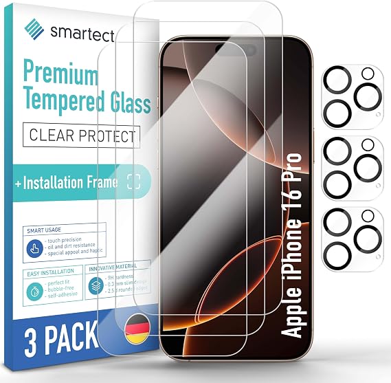 smartect Protective Glass 3 + 3 Pieces for iPhone 16 Pro Screen Protector + Camera Protection Includes Positioning Aid HD Screen Protector Anti-Scratch 0.3 mm Ultra Clear 9H Hardness Shockproof