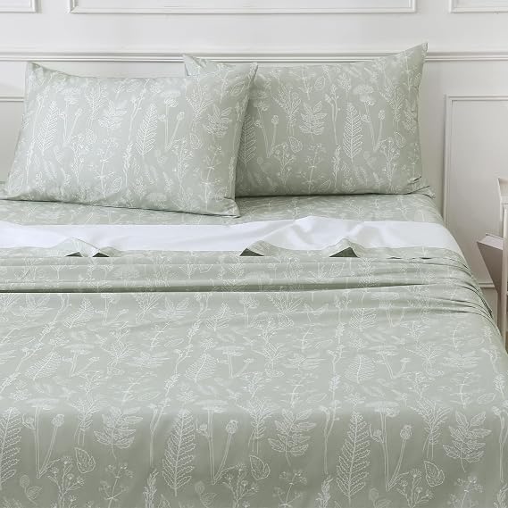 100% Organic Cotton Percale Sheets Set,Full Size 4 PC, Breathable&Durable Hotel Quality Bedding, 16" Deep Pocket Botanical Floral Bedsheets,Sage Green