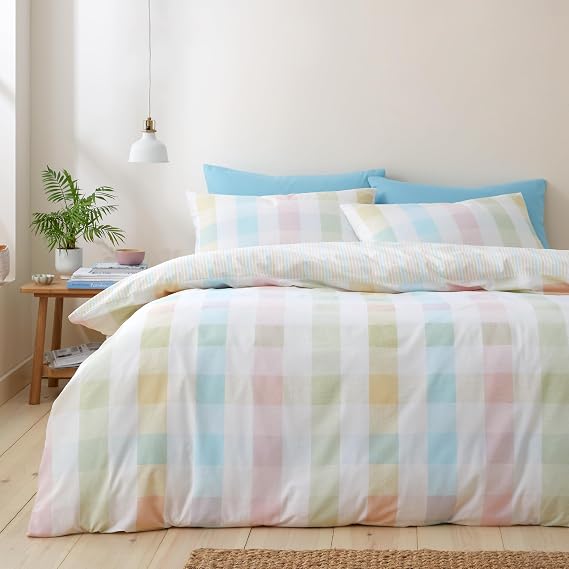 Catherine Lansfield Spring Check Reversible Single Duvet Cover Set with Pillowcase Pastel