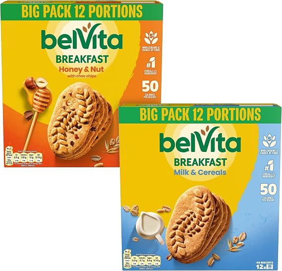 Belvita Breakfast Bundle, Includes 12 Honey & Nut with Choc Chips Biscuits & 12 Milk & Cereals Biscuits