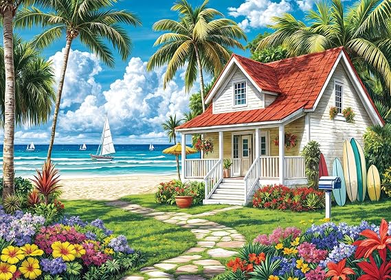 Puzzles 1000 Pieces for Adults jigsaw puzzles for adults-Beach House Fun Surfing-1000 Piece Puzzle Classic Educational Games Beautiful Decoration Puzzle