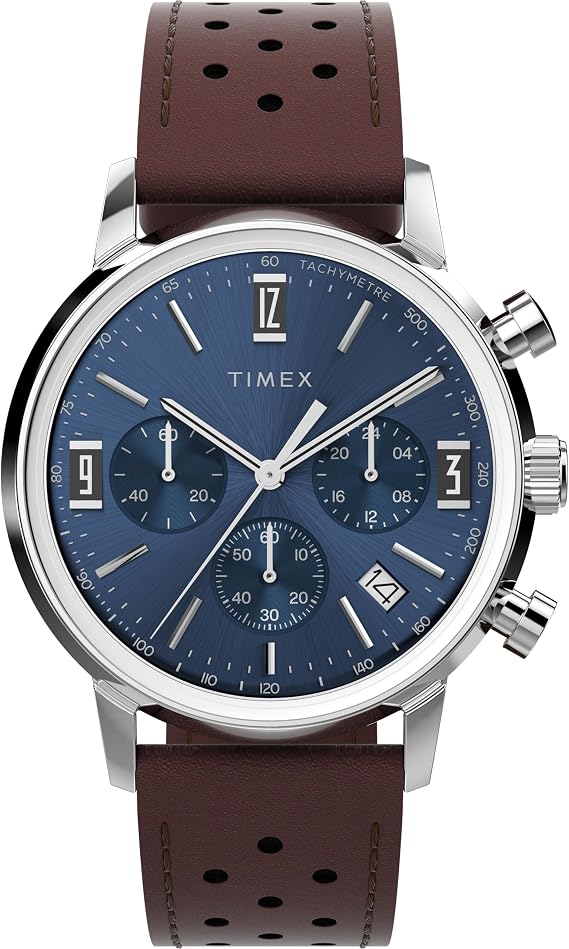 Timex Men's Marlin Chronograph 40 mm Watch - Brown Leather Two-Piece Quick Release Strap Blue Dial Stainless Steel Case TW2W10200