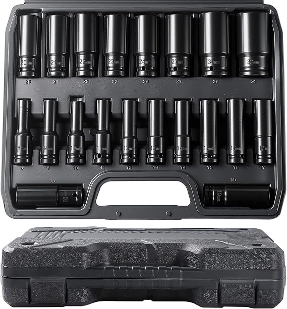 20-Piece Impact Wrench Nut Set 1/2 Inch 8-32 mm Deep Hexagonal Power Nut Socket Spanner Impact Socket CR-V Drive Tool Nut Set for Car Repair at Home
