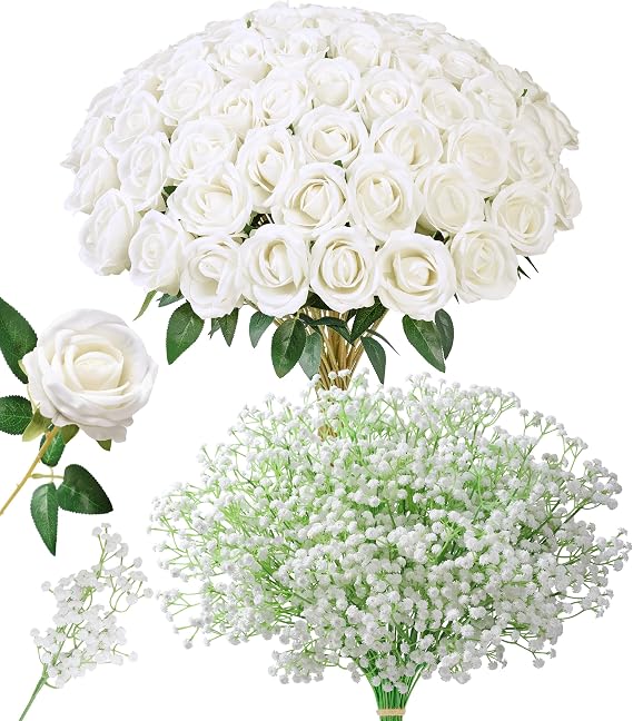 HyeFlora 35 PCS Artificial White Roses with 15 PCS Fake Baby Breath Realistic Fake Flowers Bouquet with Stem for DIY Wedding Party Home Decoration Vase Tables Centerpieces Arrangements Gift for Her