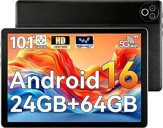 Android 16 Tablet, 10 inch Tablet, 24GB RAM 64GB ROM(1TB TF Expand), Dual Cameras & Speakers, WiFi 6, BT5.4, 1280 * 800 IPS, 6000mAh, Gaming Learning Working Pad PC Tablets, Black