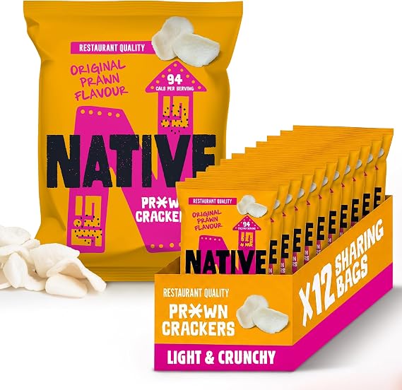 Native Snacks Original Flavour Prawn Crackers, 12 x 60g Bags - Light & Crunchy - Low Calorie & Low Fat Crisps Alternative - Vegan Multipack - Ideal for Dipping & Sharing - UK Made Snacks