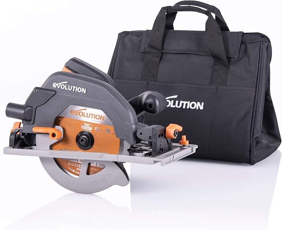 Evolution Power Tools, R185CCSX+ Circular Saw With TCT Multi-Material Cutting Blade, Cuts Wood, Plastic, Metal & More | Track Compatible | Carry Bag Included | 0-45˚ Bevel Scale | 185mm (110v)