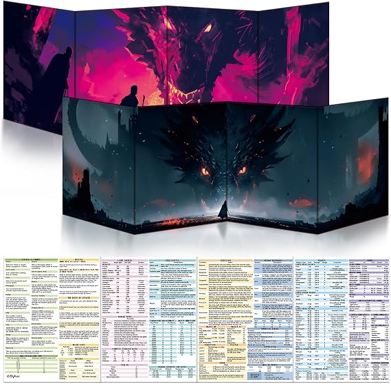 Byhoo 2PCS DM Screen for D&D 5E with 2 Immersive Themes，Waterproof Reusable Surface, Tri-Fold Portable Design Folds to A4 Size DND Accessories Compatible with Players Handbook